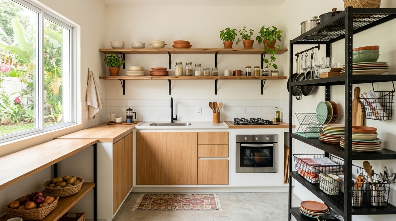 A tendência atual é a montagem de uma cozinha em sistema híbrido, misturando peças prontas e elementos sob medida