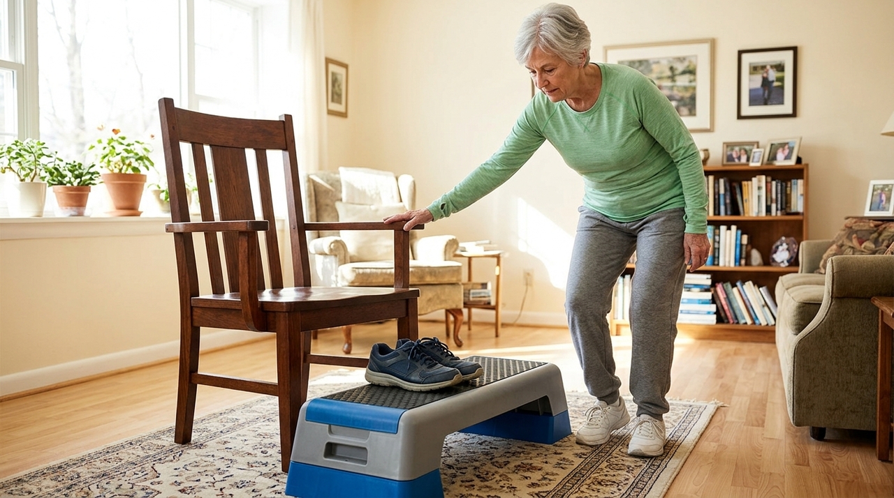 O step adaptado para o público sênior utiliza um degrau baixo, firme e antiderrapante, que pode ser um equipamento próprio ou até mesmo um batente estável da casa.