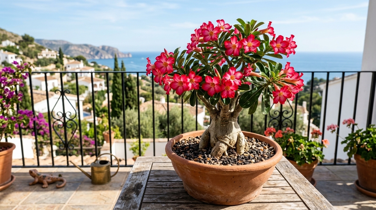 O vaso da rosa do deserto precisa ter furos de drenagem e tamanho proporcional à planta.