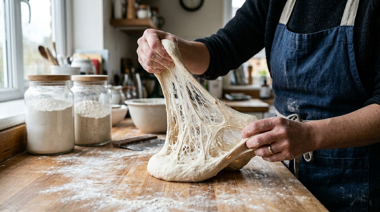 Quando farinha e água se misturam, proteínas como gliadina e glutenina formam uma rede elástica chamada glúten