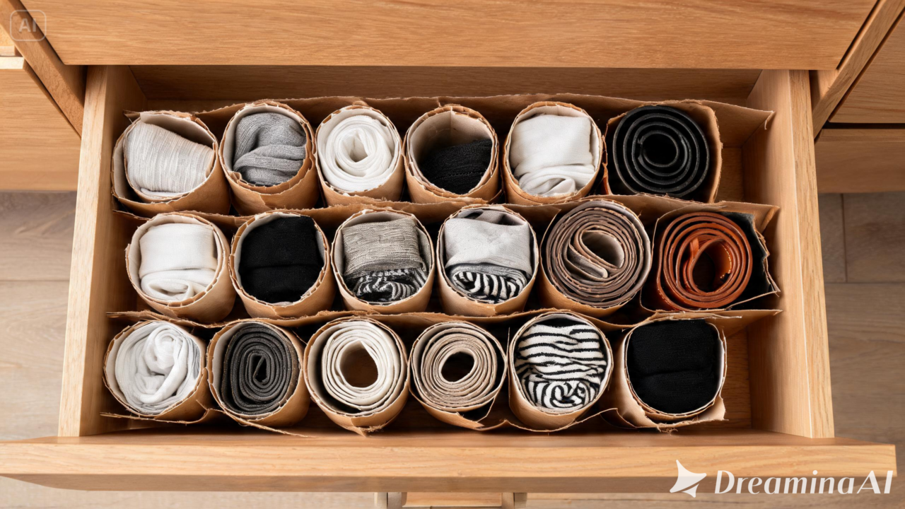 Aprenda a fazer divisórias caseiras para meias, roupas íntimas, cabos e acessórios usando rolos de papel toalha.