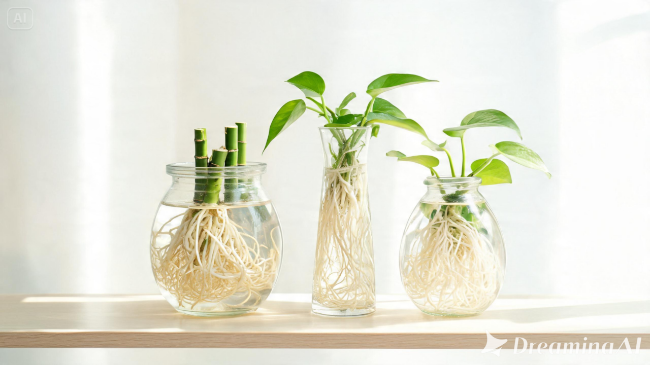 Jiboia, bambu-da-sorte e filodendro: plantas que crescem na água e são perfeitas para decoração simples e elegante.