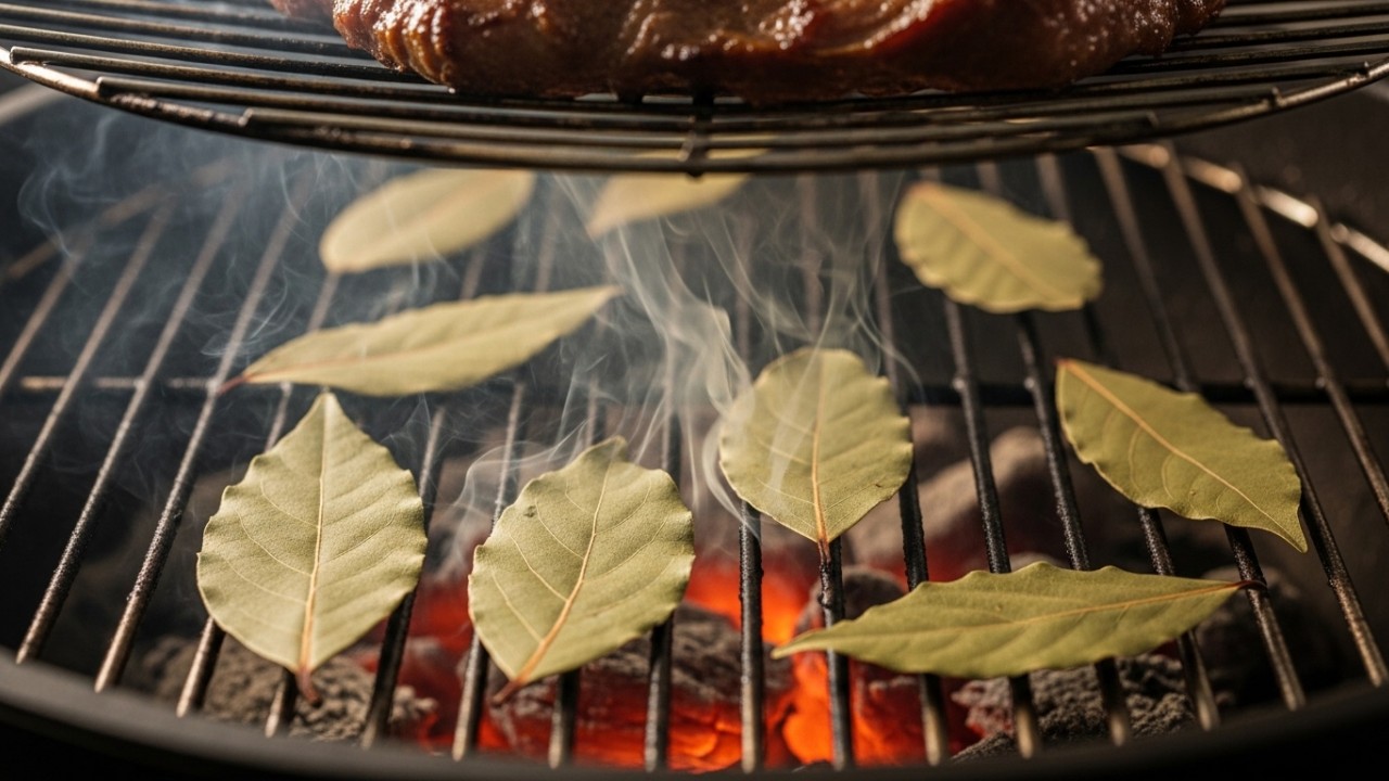 O calor da brasa potencializa compostos como o cineol e o eugenol, trazendo a tradicional técnica mediterrânea de defumação para o seu churrasco. – Imagem gerada por IA