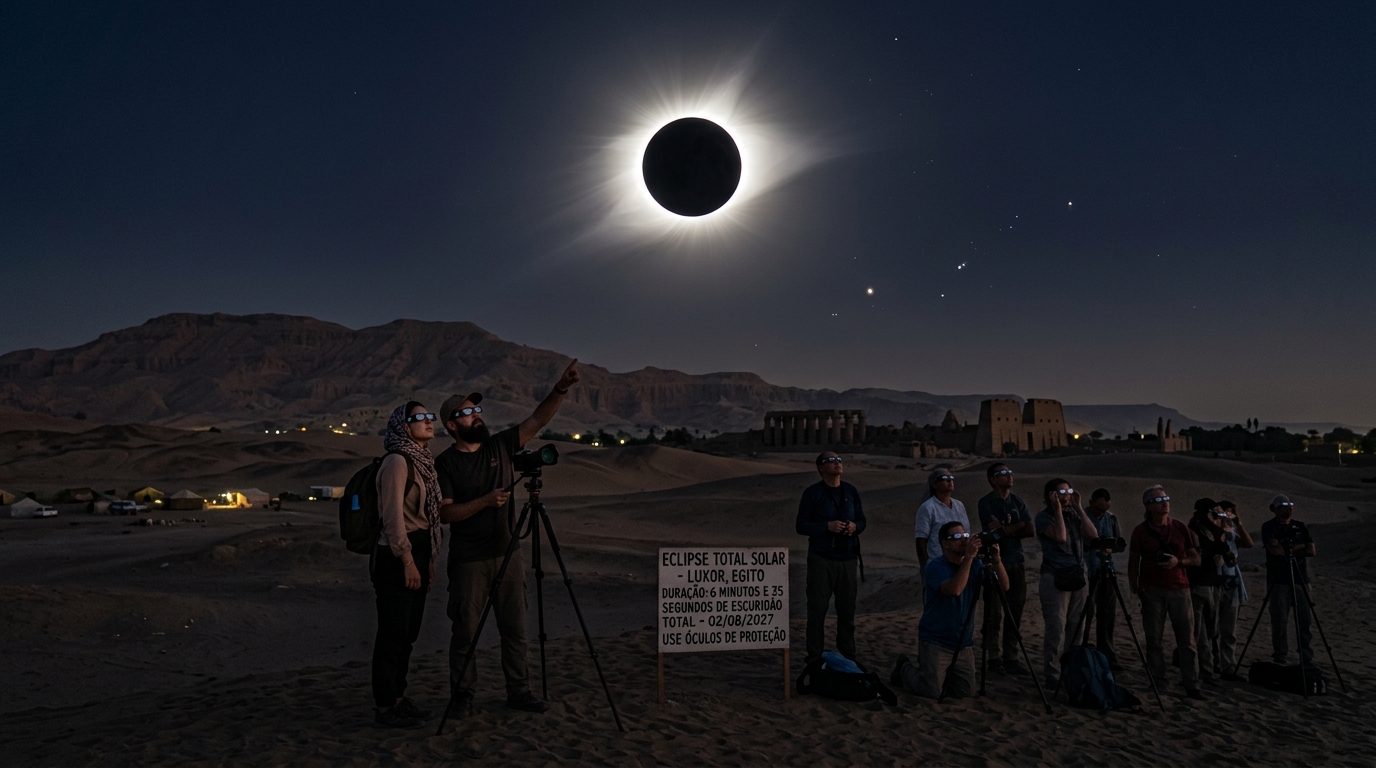 Eclipse solar raro atrai viajantes para a faixa de totalidade
