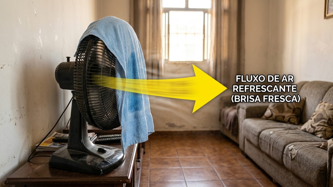 A combinação de um pano úmido com a ventilação correta melhora a umidade do ar e garante mais conforto térmico sem gastar muito. – Imagem gerada por IA