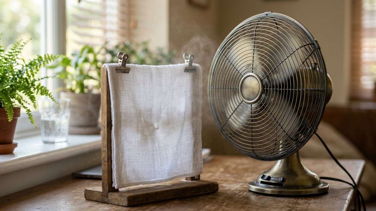 Usar um pano úmido perto do ventilador é uma forma barata e inteligente de refrescar ambientes pequenos nos dias secos. – Imagem gerada por IA