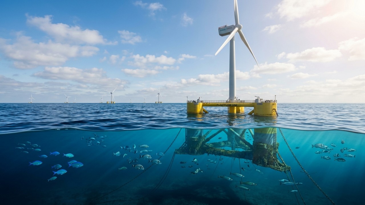 A usina eólica flutuante em Portugal tornou-se um santuário ecológico com mais de 270 espécies marinhas convivendo ao redor de suas estruturas. – Imagem gerada por IA
