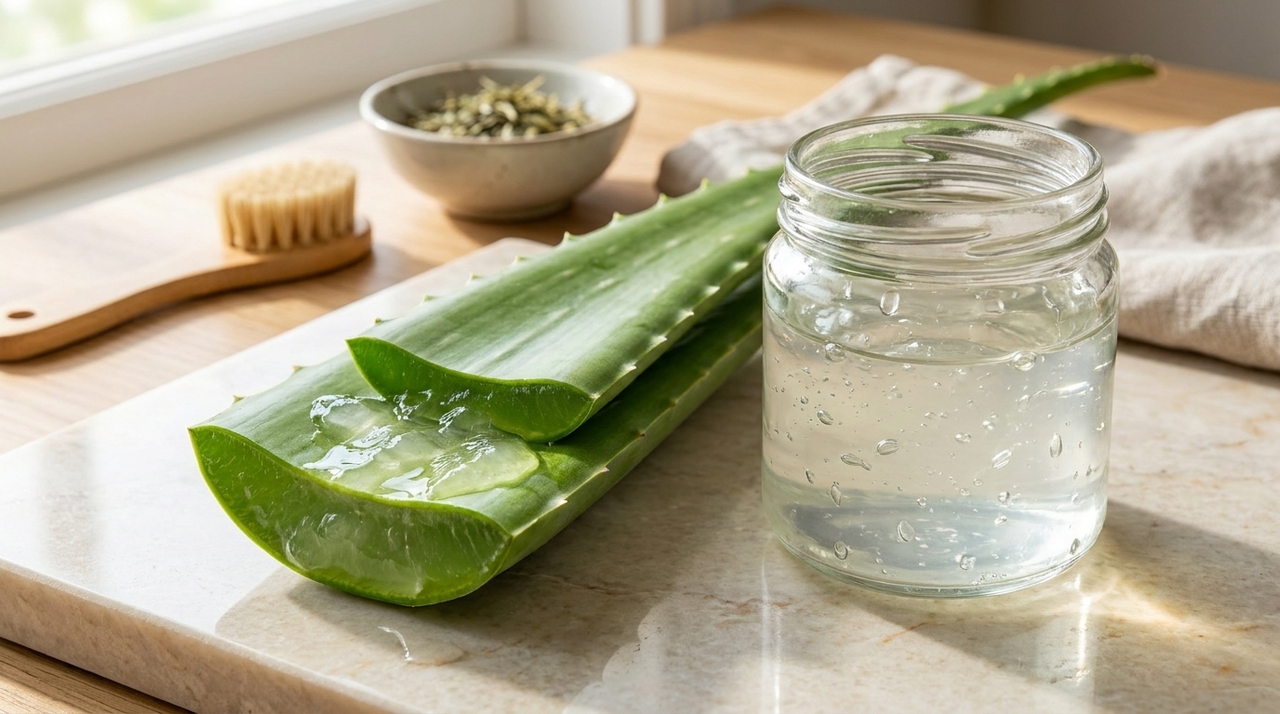 O gel facial com aloe vera deve entrar depois da limpeza, com a pele seca e sem resíduos de maquiagem.