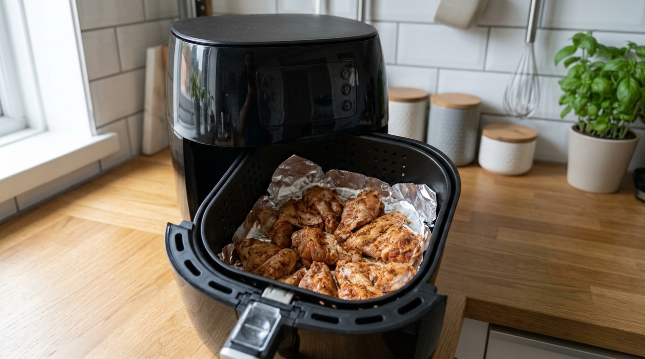 A fritadeira elétrica sem óleo trabalha com circulação intensa de ar quente, que passa por aberturas e perfurações do cesto para envolver os alimentos.