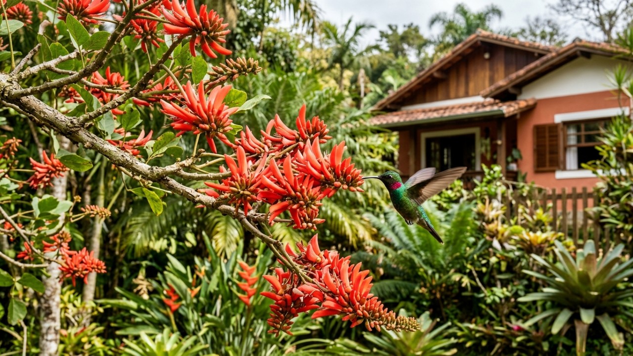 O mulungu une beleza e sustentabilidade ao transformar o paisagismo urbano com sua exuberante floração de inverno. – Imagem gerada por IA