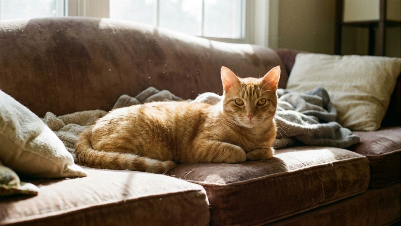 As listras discretas revelam o padrão atigrado do felino.