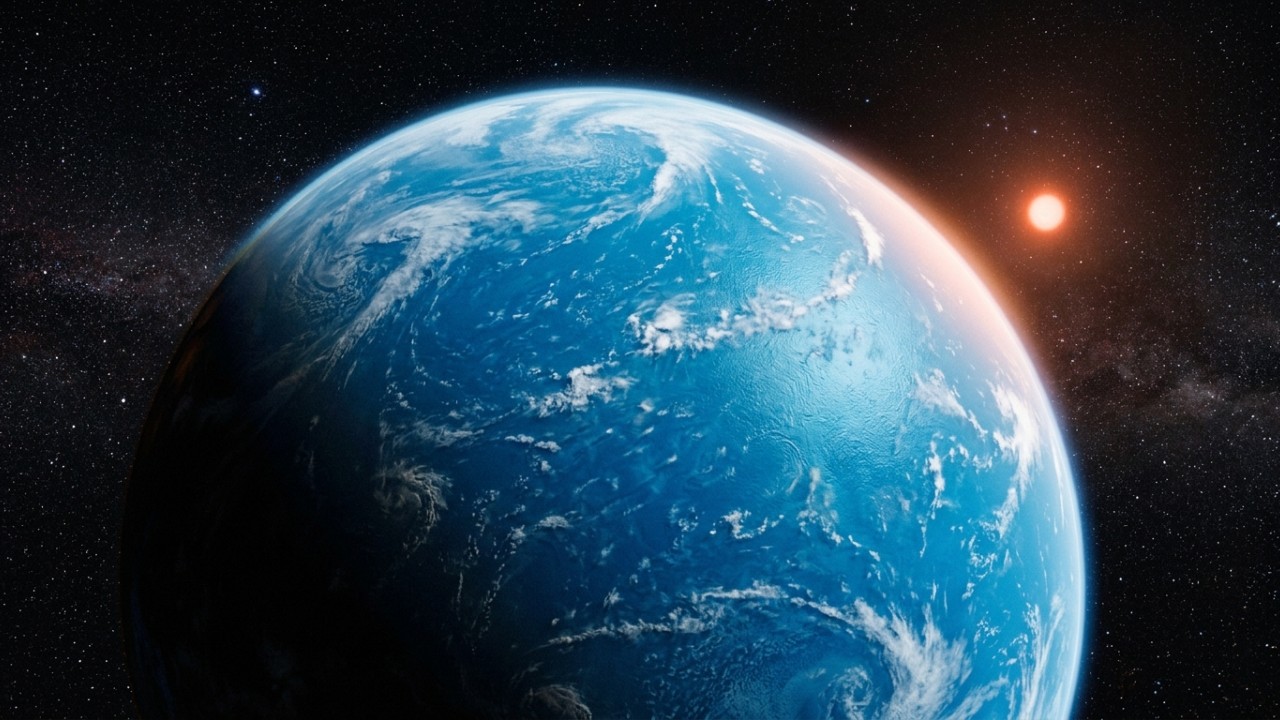 Cientistas analisam o exoplaneta TOI-1452 b, um mundo promissor que pode abrigar uma imensa quantidade de água líquida em sua superfície. – Imagem gerada por IA