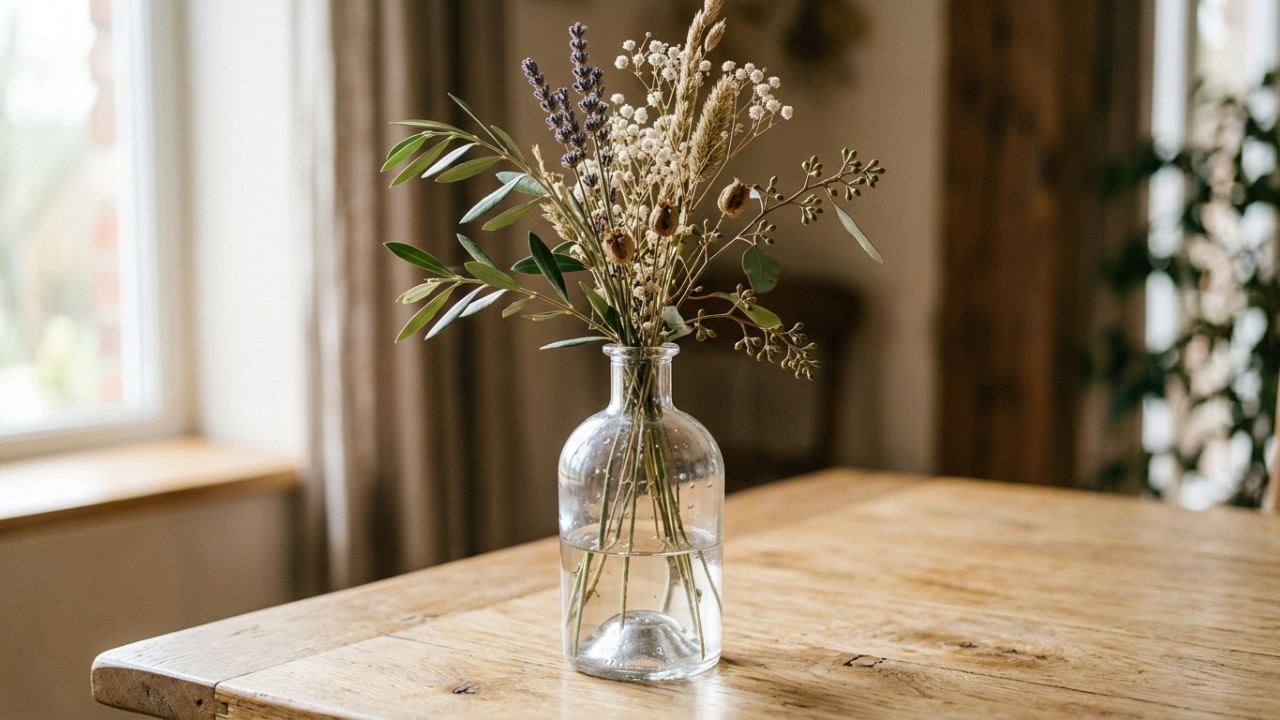 Transformar garrafas de vinho vazias em vasos elegantes é uma maneira simples e sustentável de renovar a decoração da sua casa. – Imagem gerada por IA