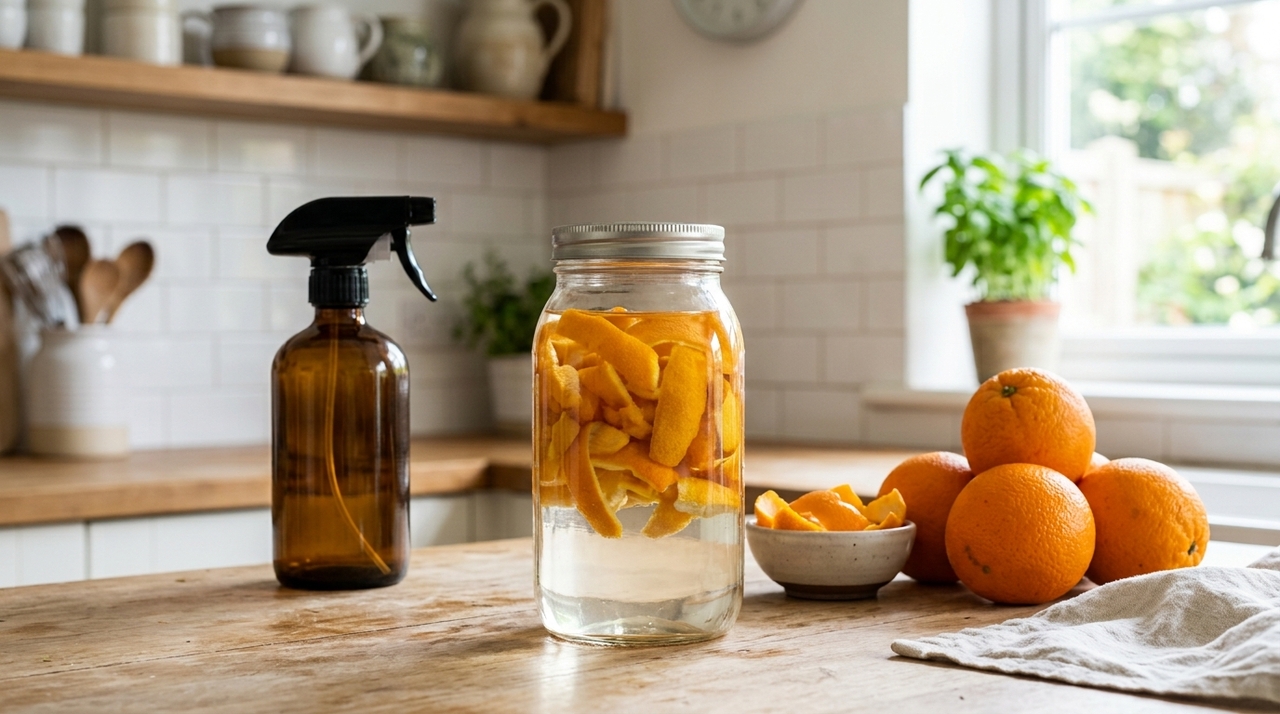 O limpador de vinagre com cascas de laranja é uma solução caseira feita ao deixar as cascas em contato direto com o vinagre por alguns dias