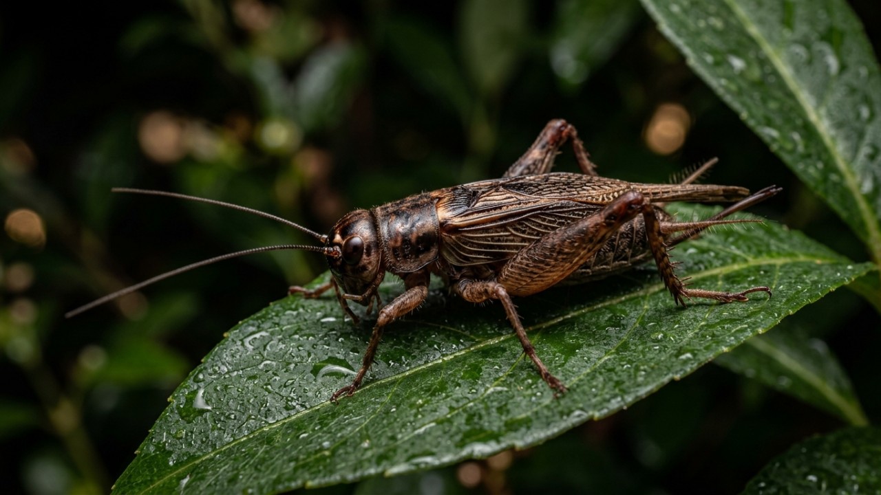 Os machos produzem seu som característico esfregando as asas dianteiras para atrair parceiras e defender o território. – Imagem gerada por IA
