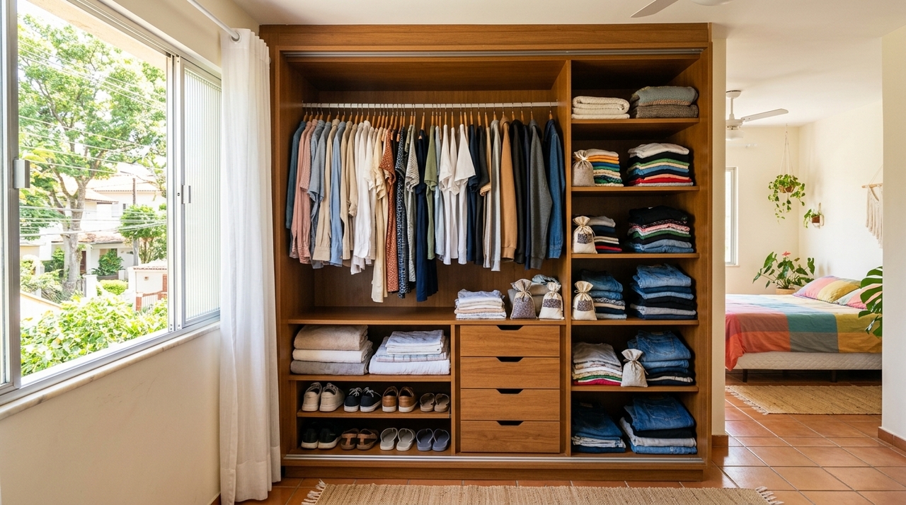 Uma forma prática de localizar a origem do odor é esvaziar o guarda-roupa aos poucos, observando onde o cheiro é mais intenso.
