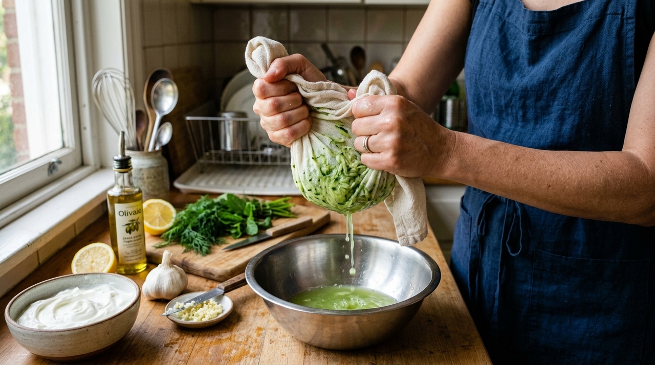 O preparo começa com o pepino lavado e ralado no ralo grosso.