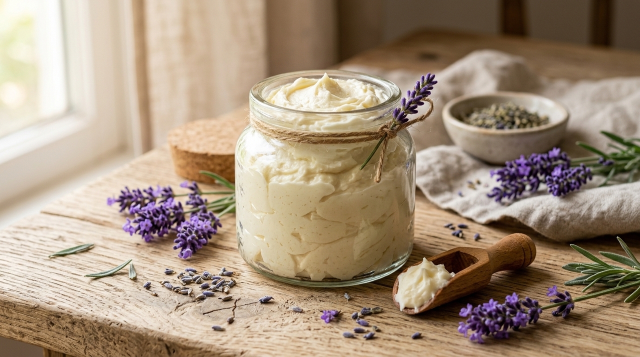 Hidratante caseiro de manteiga de karité e lavanda