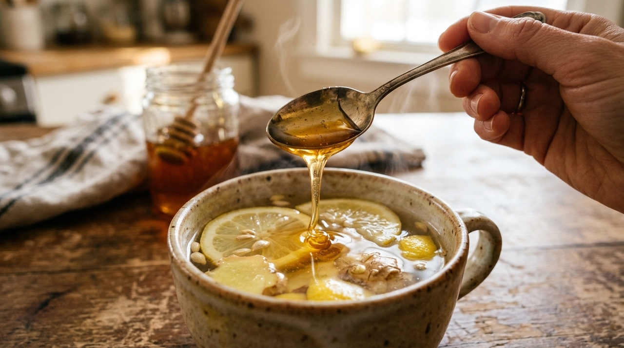 Uma proporção simples é misturar 1 colher de sopa de mel, 1 colher de chá de gengibre ralado ou fatiado e o suco de meio limão