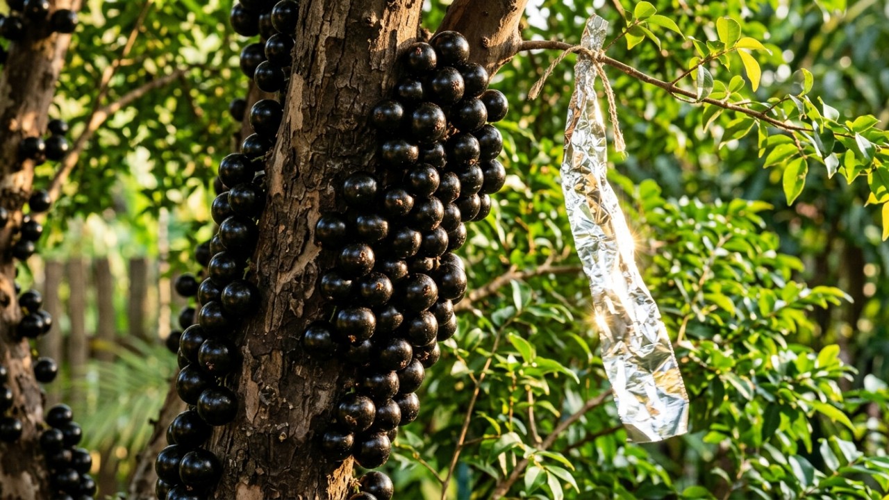 Os reflexos luminosos gerados pelo vento impedem que as aves consumam os frutos antes da colheita familiar. – Imagem gerada por IA