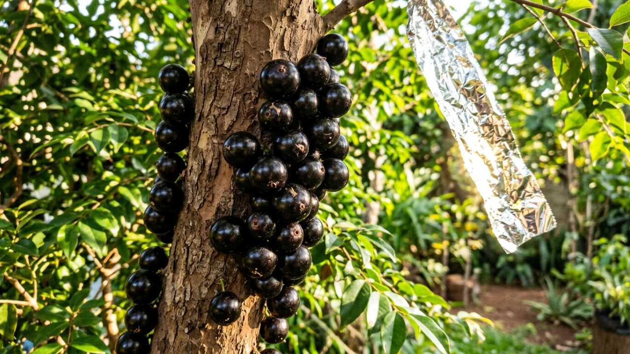 O uso de tiras de papel alumínio nos galhos afasta os pássaros da jabuticabeira de forma totalmente sustentável. – Imagem gerada por IA