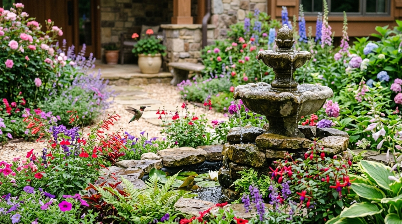 A fonte de água corrente funciona como um complemento natural ao jardim