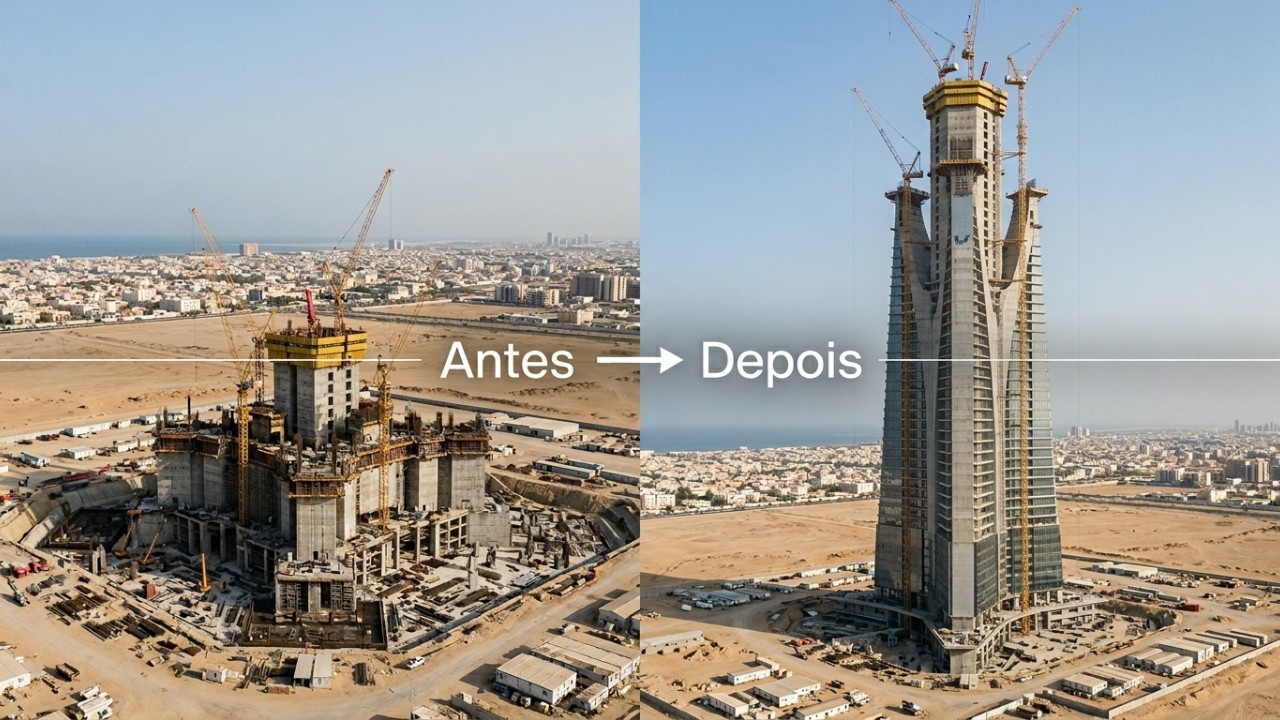 A Jeddah Tower retoma suas obras no deserto da Arábia Saudita com o objetivo de superar a marca histórica de mil metros de altura. – Imagem gerada por IA