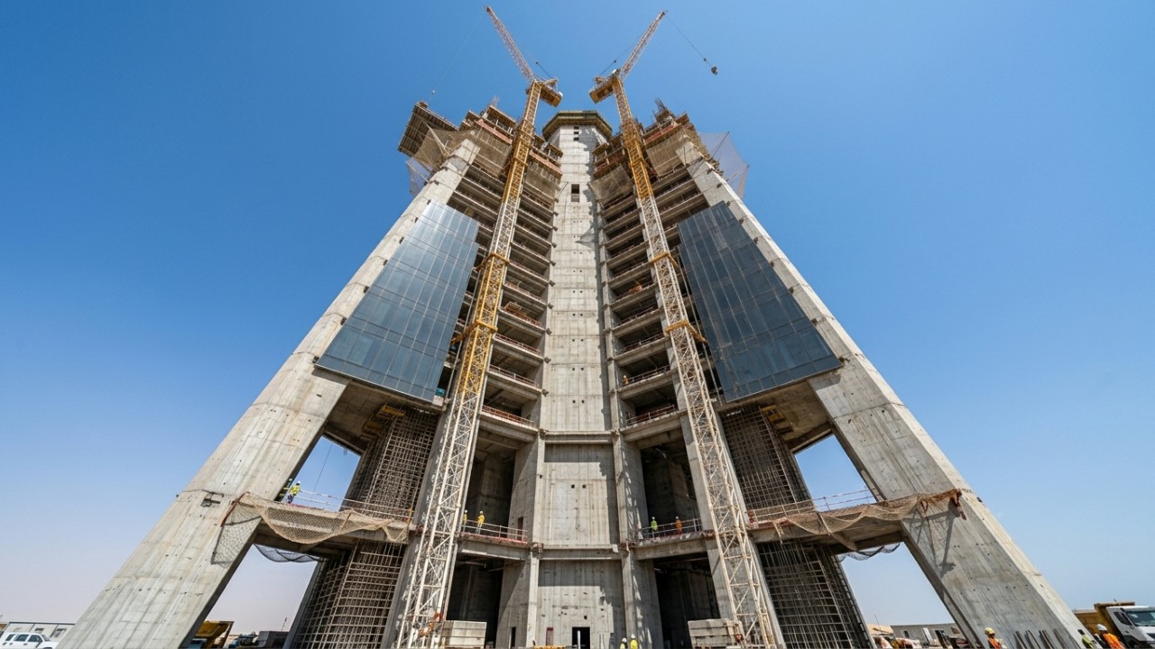 A estrutura inovadora da Jeddah Tower em Jidá já ultrapassou os quatrocentos metros verticais e os primeiros cem pavimentos concluídos. – Imagem gerada por IA