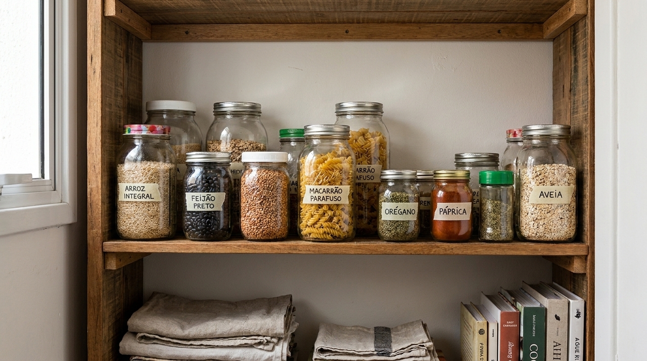 Uma forma prática de reaproveitar esses potes é para guardar alimentos secos, como grãos, farinhas, açúcares e massas pequenas.