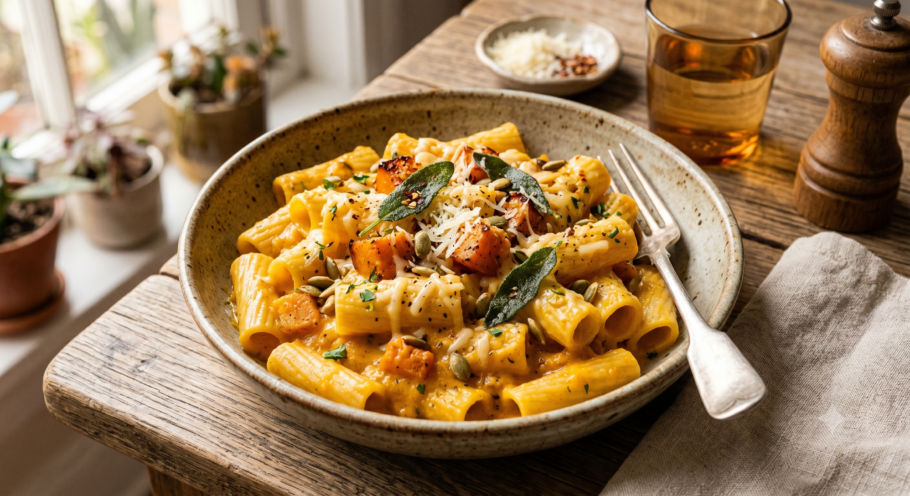 Macarrão cremoso ao molho de abóbora e queijo