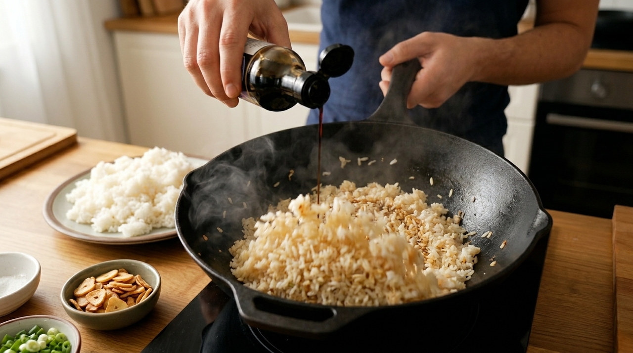 Comece soltando o arroz frio com um garfo antes de levá-lo ao fogo