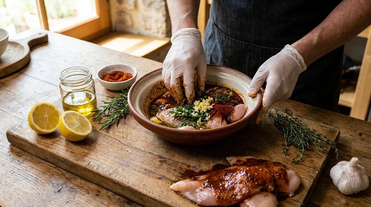 O ideal é temperar o frango com antecedência para que a carne absorva melhor os sabores.