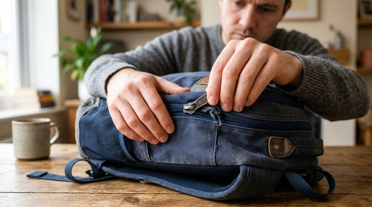 Um zíper travado de mochila é aquele em que o cursor não desliza como deveria, parando no meio do caminho ou nem chegando a iniciar o movimento.