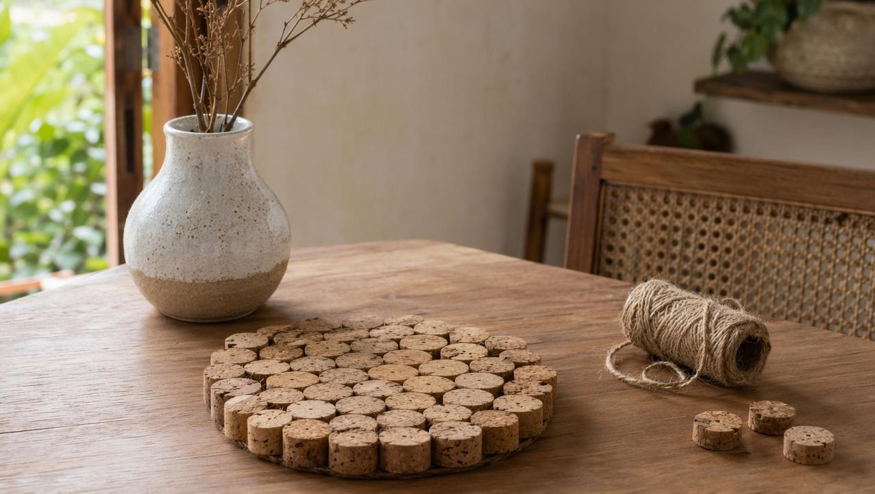 Cortiça também vira apoio decorativo simples para mesas, nichos e varandas.