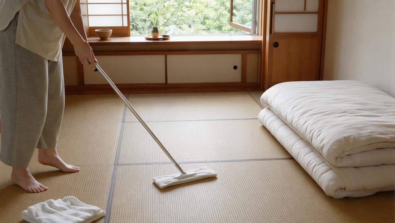 Futon guardado e piso livre facilitam a limpeza rápida todos os dias.