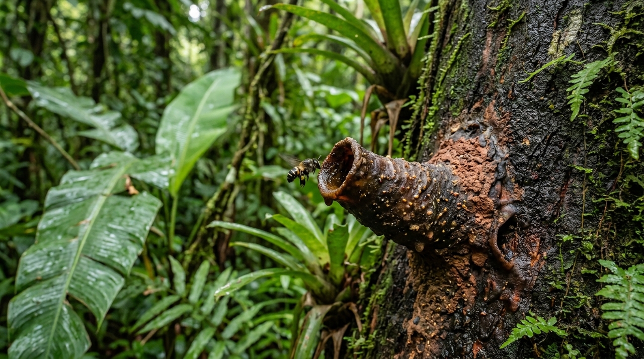 As operárias buscam resinas em troncos, brotos, feridas de árvores e outras fontes vegetais