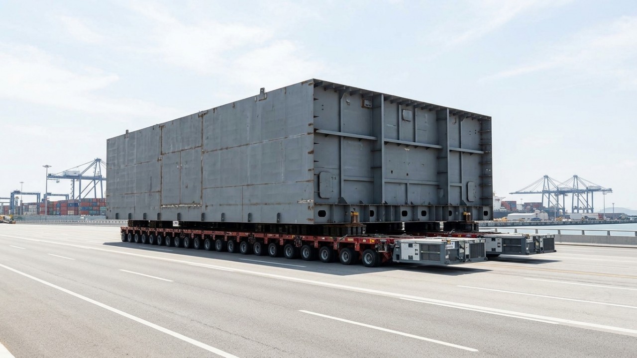 O uso de transportadores modulares autopropelidos garantiu a estabilidade e o sucesso do maior transporte terrestre da história da engenharia. – Imagem gerada por IA