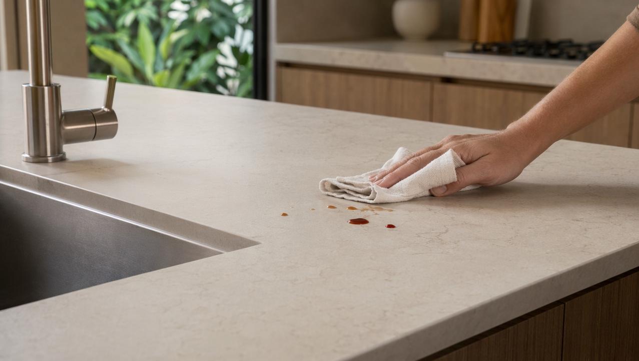 Superfície menos porosa facilita a limpeza diária na bancada de cozinha.