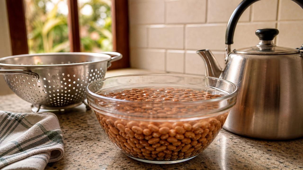 O molho prévio ajuda o feijão a cozinhar mais rápido.