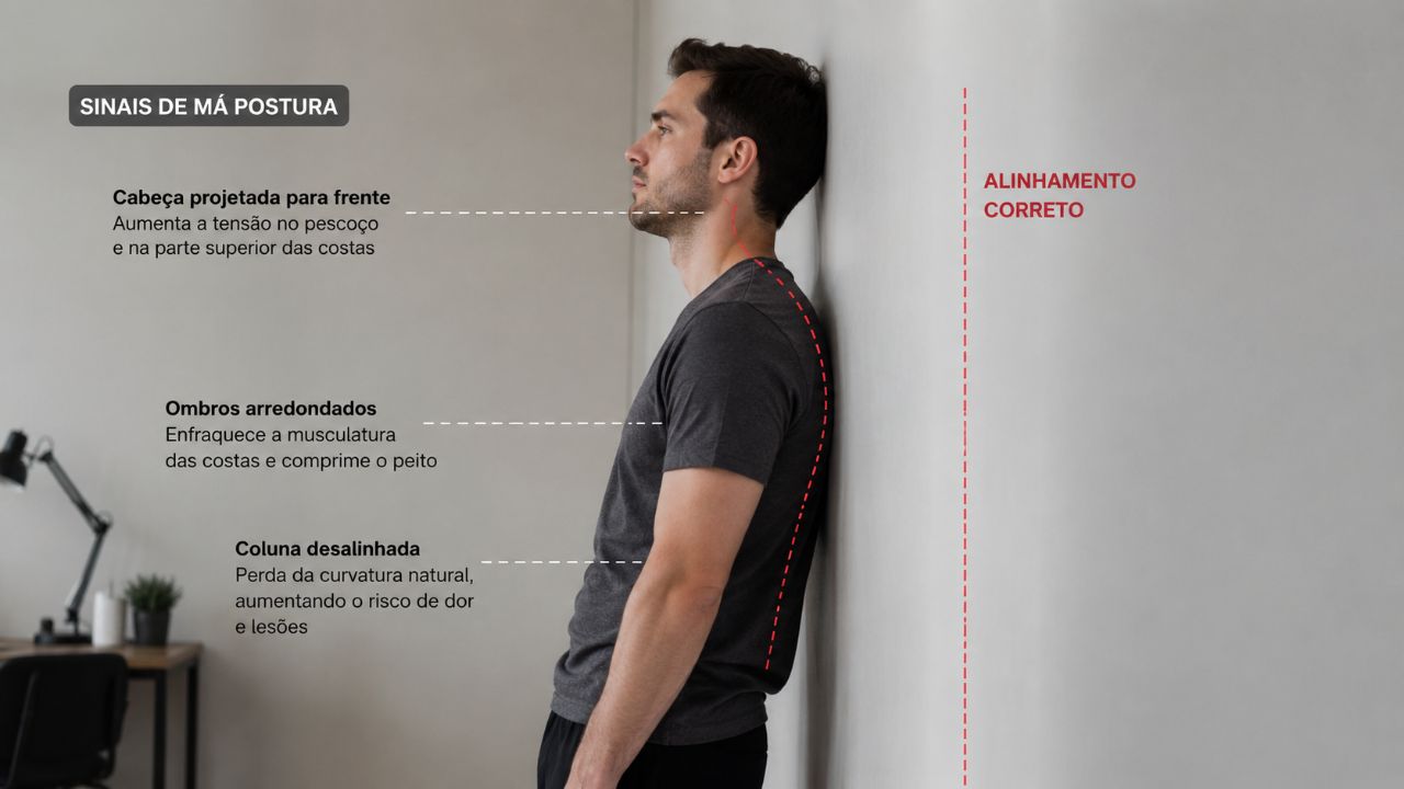 O teste da parede revela vícios posturais, como ombros arredondados e cabeça projetada para frente.