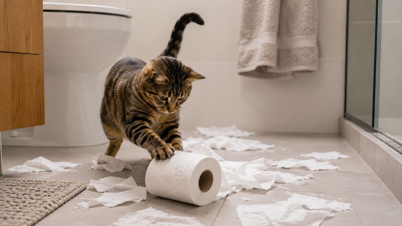 O banheiro atrai gatos por oferecer estímulos como piso frio, água corrente e objetos para explorar.