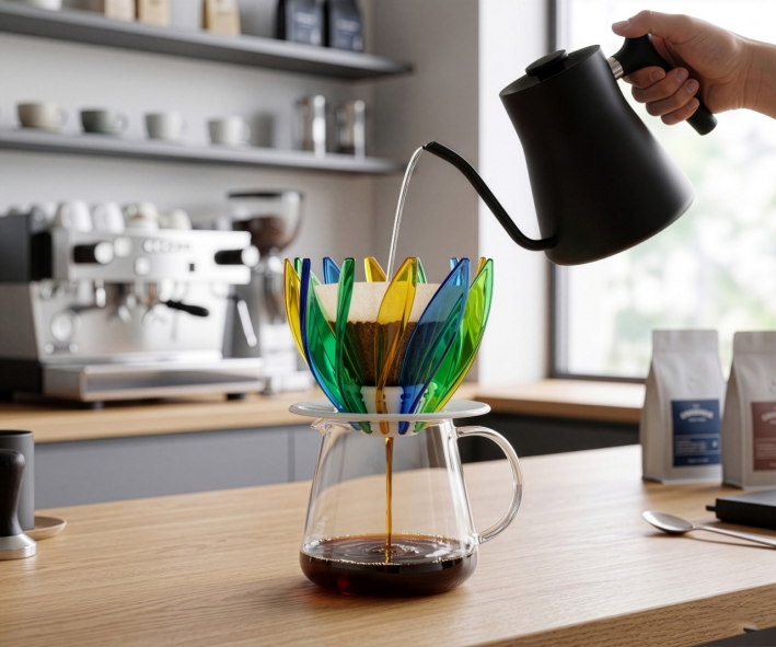 O V60 Suiren da Hario chama atenção pelo visual inspirado em um lírio-d’água e pela estrutura formada por “pétalas”, que reduz o contato entre o filtro e as paredes do equipamento