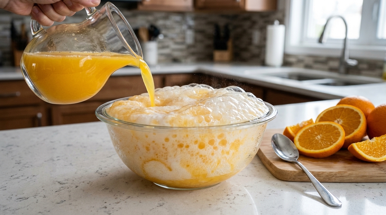 No suco de laranja, a acidez natural entra em contato com a base alcalina do bicarbonato e gera bolhas visíveis.
