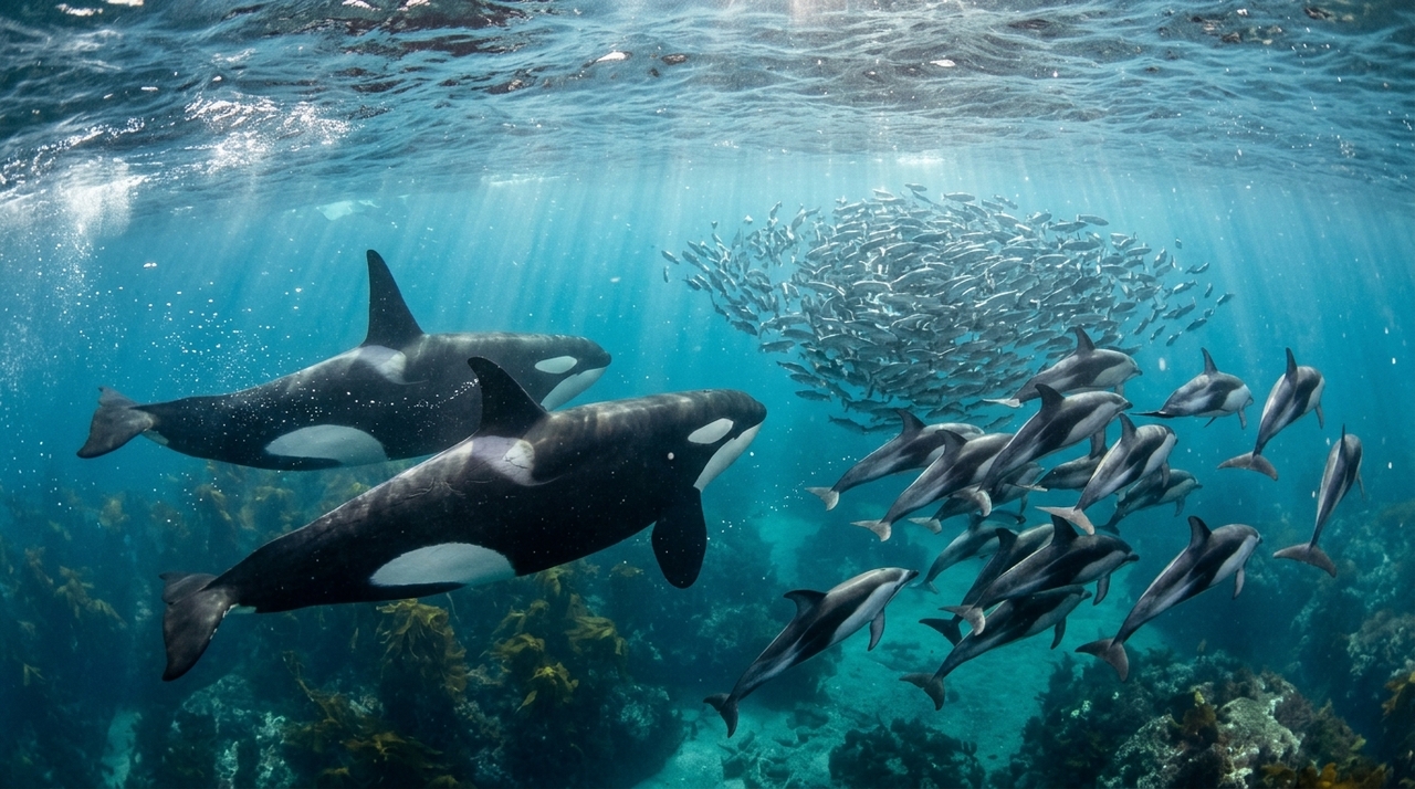 Orcas e golfinhos unem-se para caçar salmões