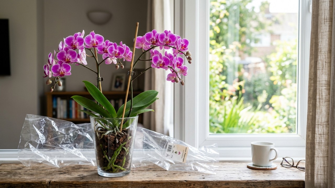 Retirar os embrulhos decorativos logo após o recebimento ajuda na circulação de ar e evita a queda precoce das flores das orquídeas. – Imagem gerada por IA