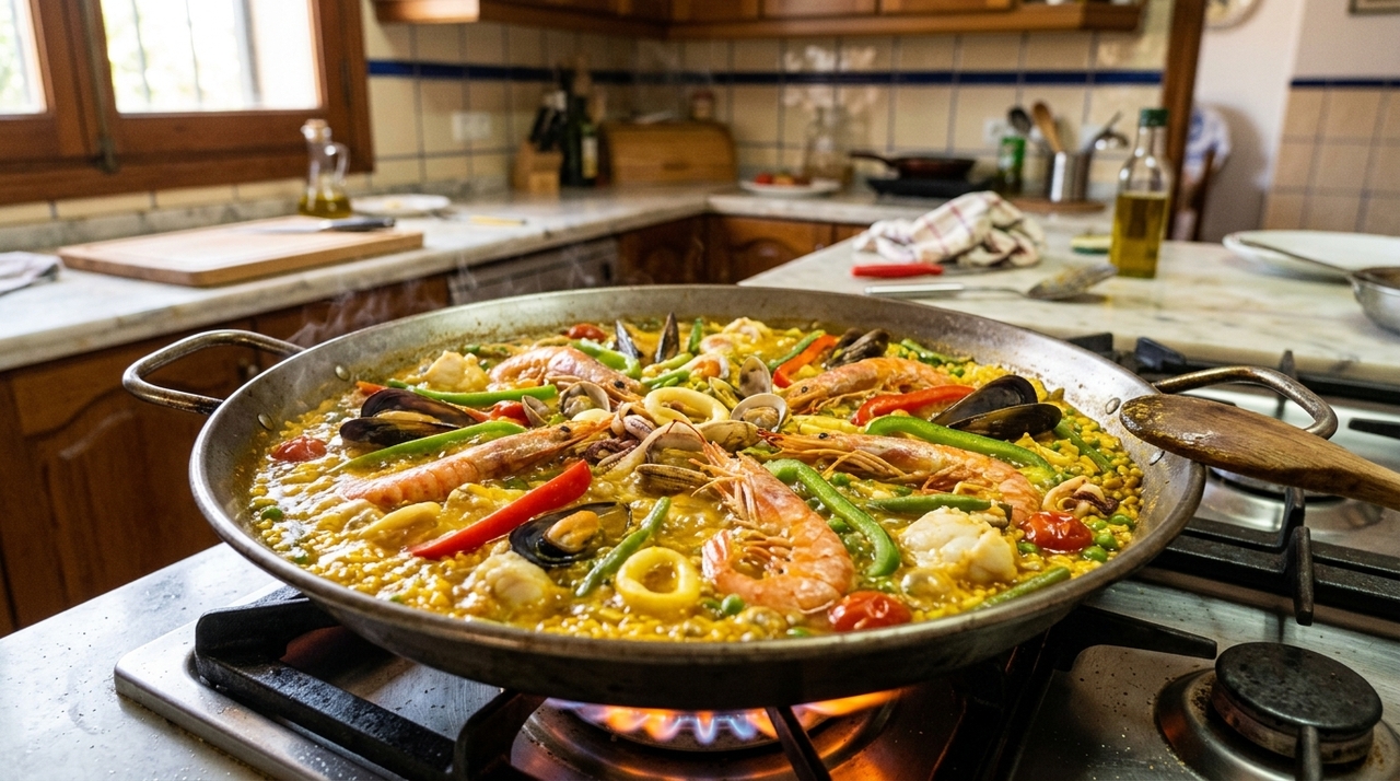 O sofrito deve ser feito com azeite, alho, açafrão e pimentões, sempre em fogo controlado para perfumar sem queimar.