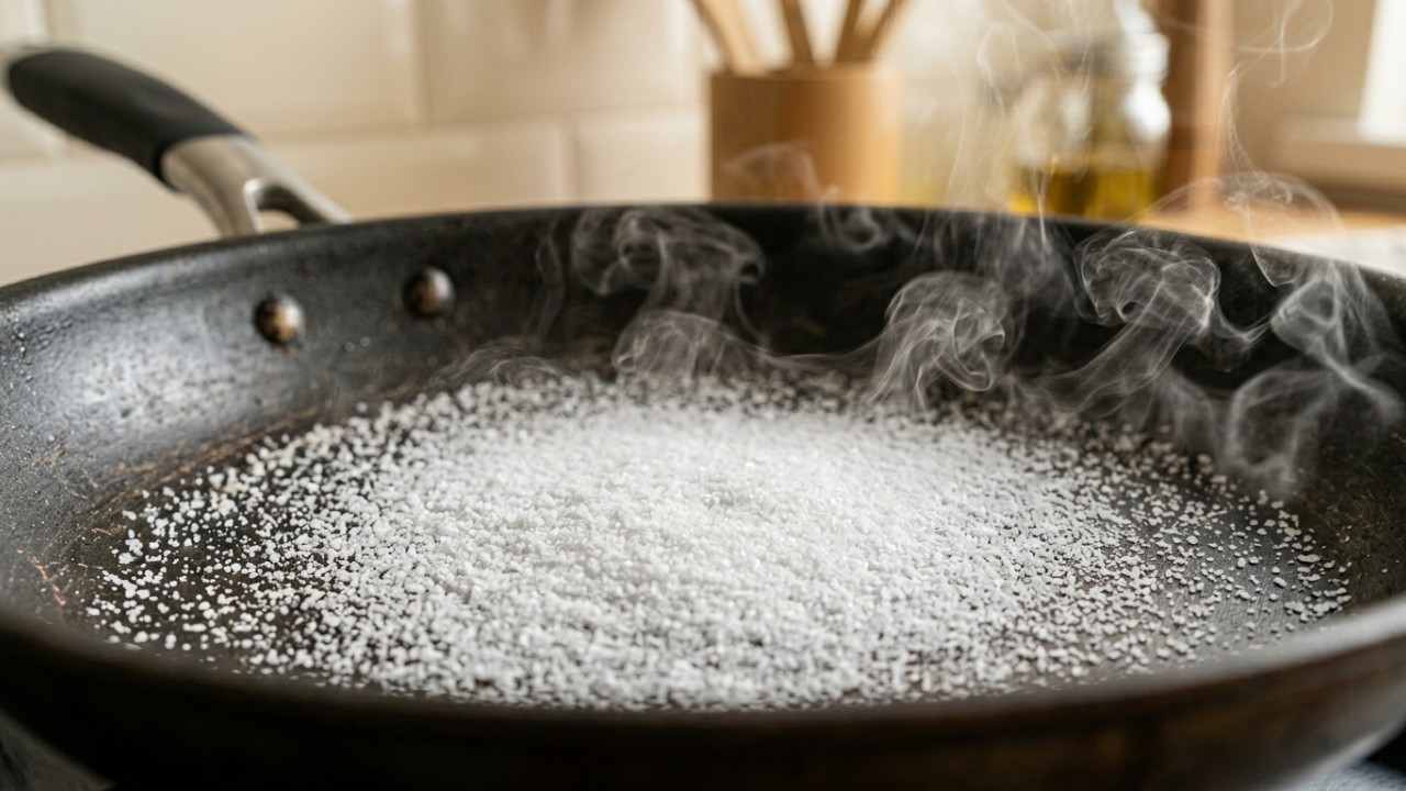 Aquecer o sal úmido na frigideira e usar grãos de arroz ajuda a manter o tempero soltinho na cozinha. – Imagem gerada por IA