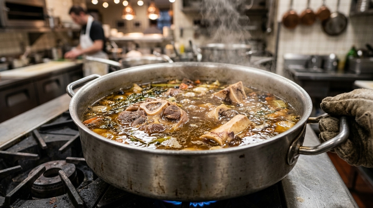 O fogo baixo permite que gordura, colágeno e compostos aromáticos passem lentamente para a água.