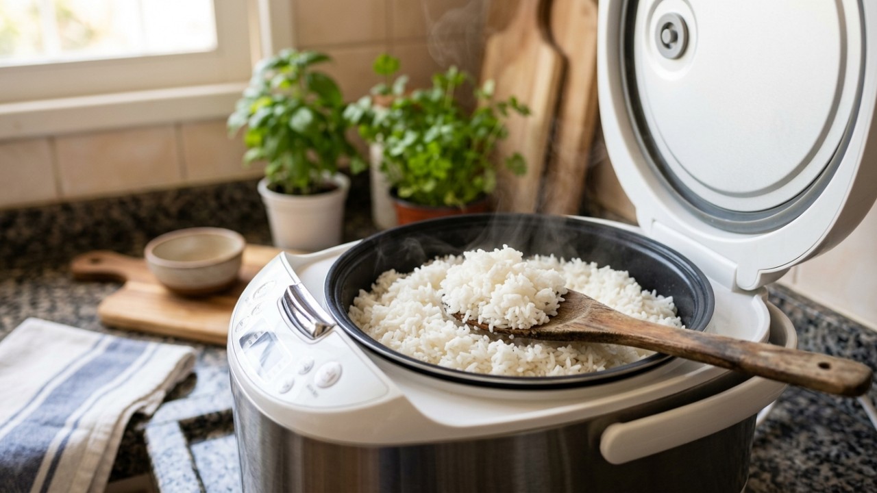 A panela elétrica otimiza o preparo das refeições diárias e traz mais agilidade para a rotina familiar. – Imagem gerada por IA