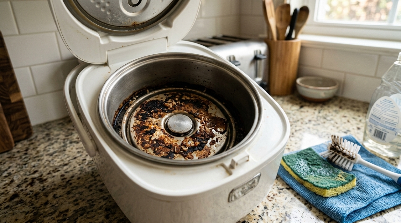 Manter uma panela elétrica de arroz com crosta na parte de aquecimento vai além de uma questão de aparência.